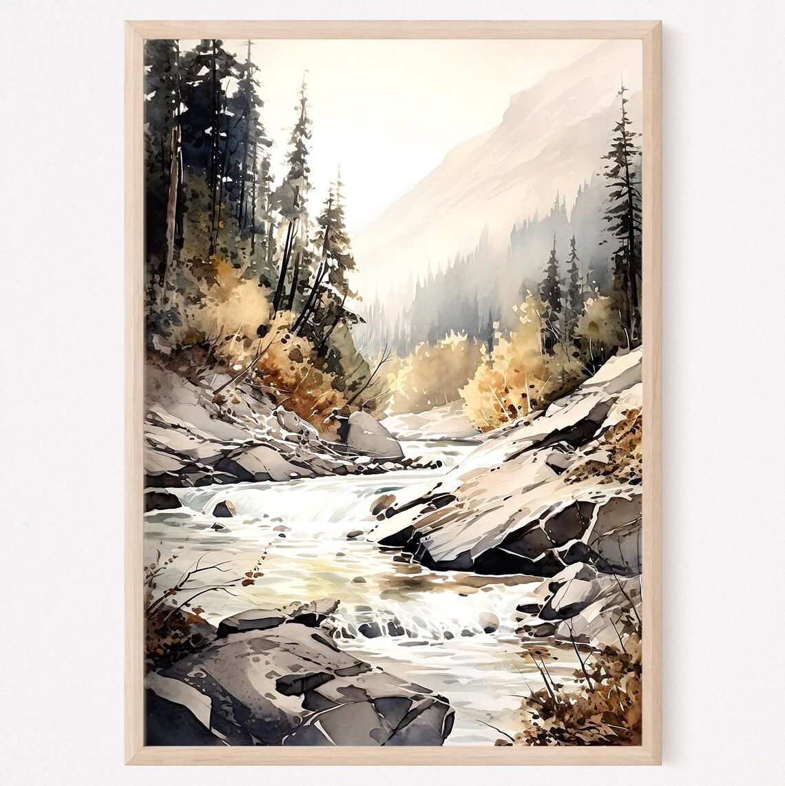 Autumn Mountain River Rocky Banks Watercolor Nature Art Poster
