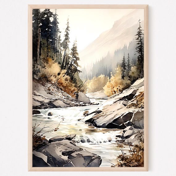Mountain River Watercolor Painting Art Print Mountain Landscape Wall Art Home Decor Gift
