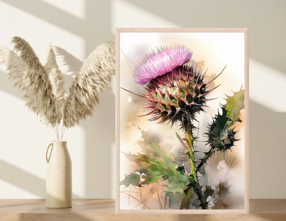 Texas Thistle Flower Bud Watercolor Botanical Nature Art Poster - Image 3