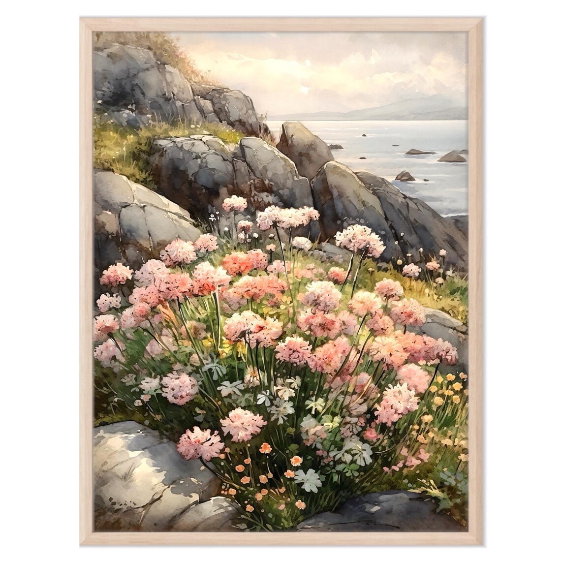 Rocky Seashore Pink Sea Thrift Flowers Calm Water Watercolor Poster
