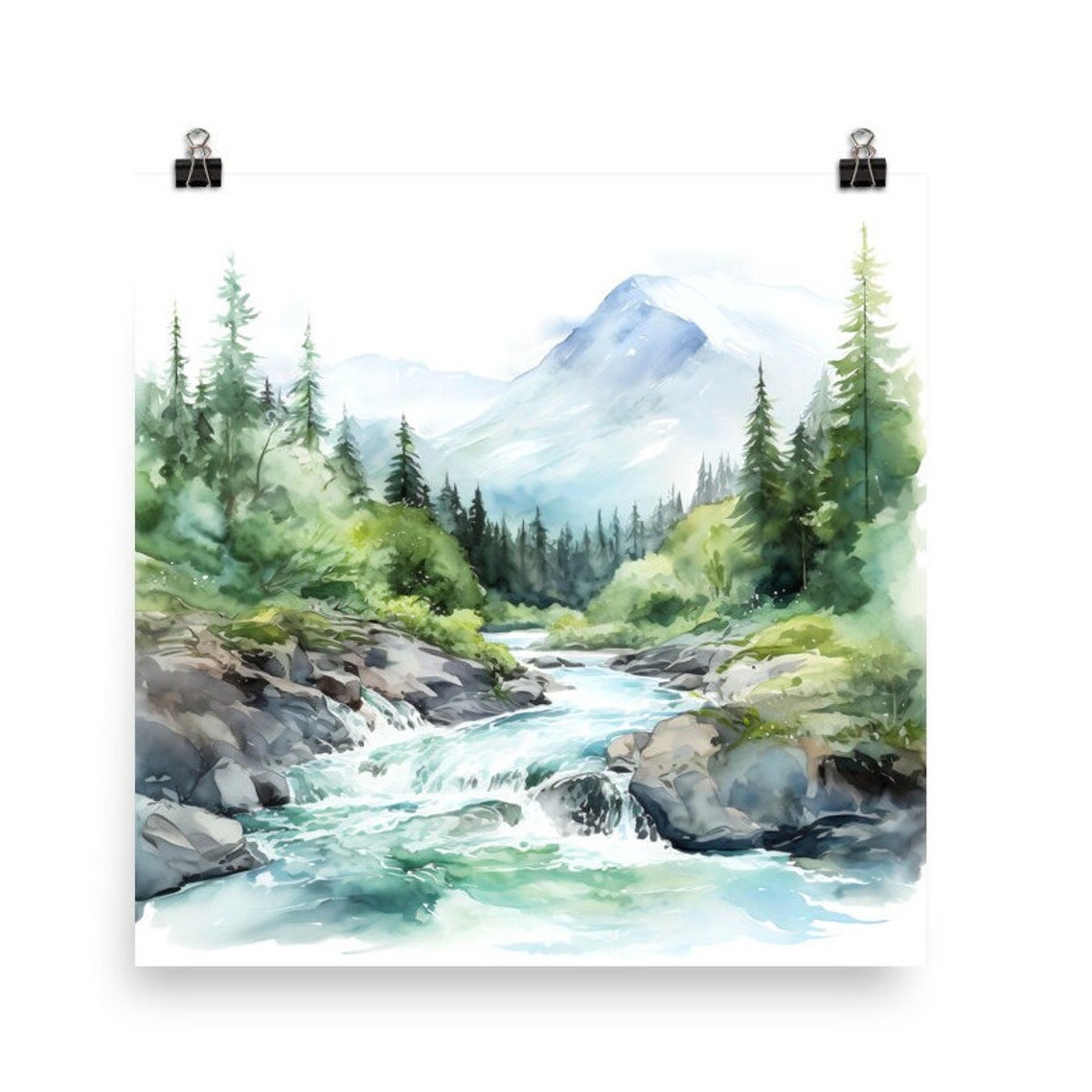 Rushing Mountain Stream Evergreen Forest Misty Peak Watercolor Poster - Image 5