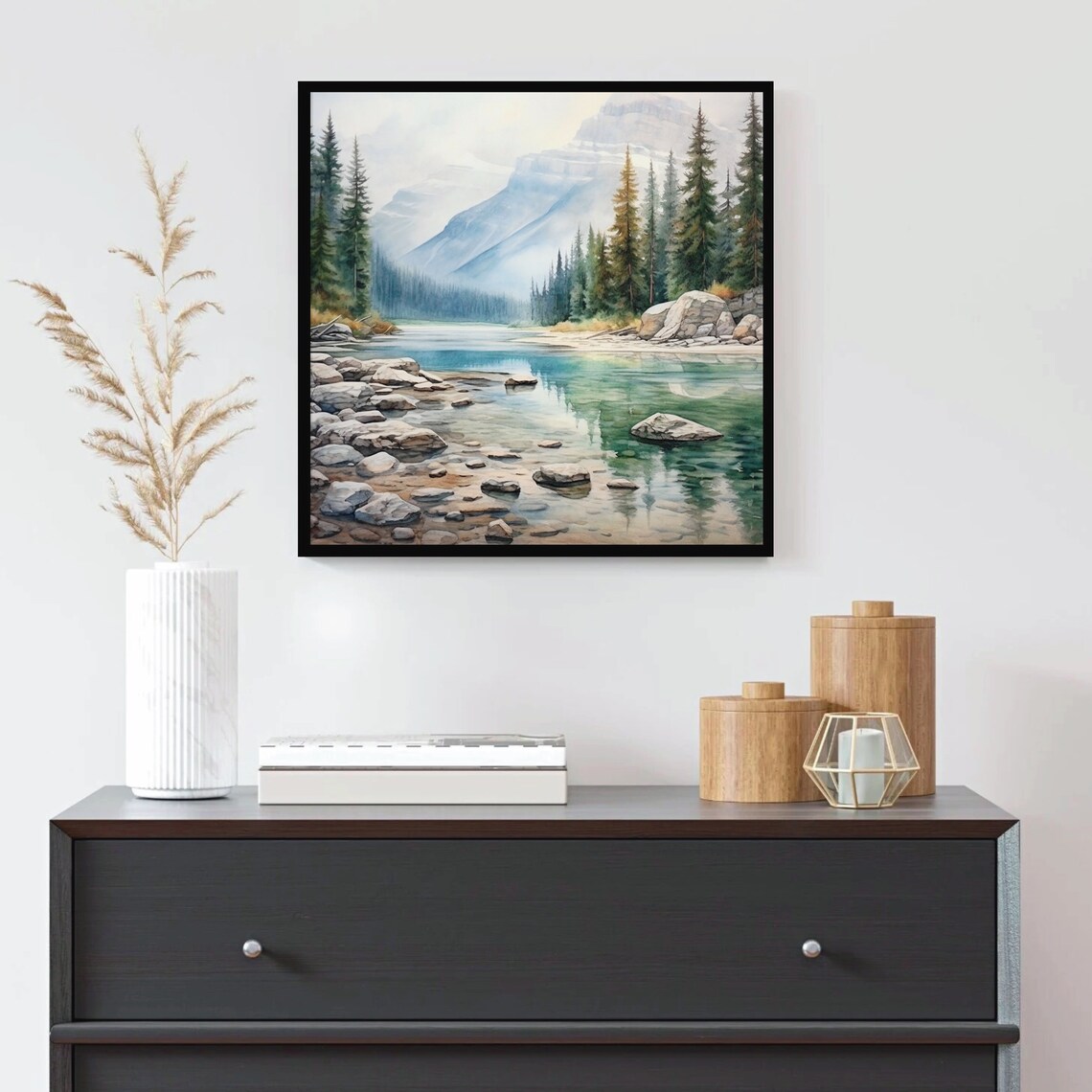 Rocky Shore Mountain Lake Watercolor with Pines and Peak Poster - Image 2