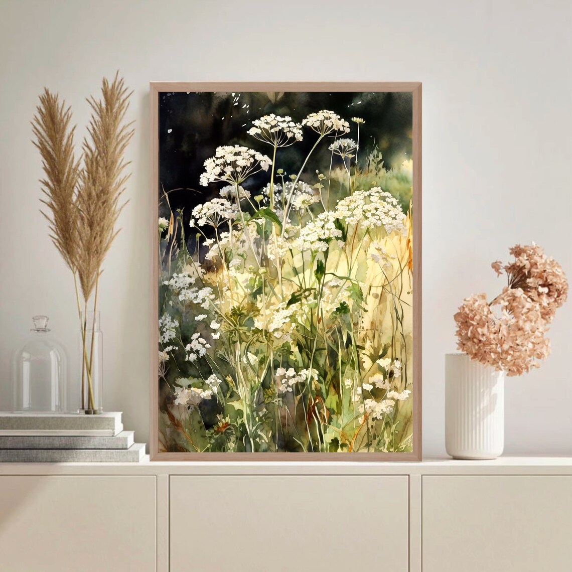 White Yarrow Wildflowers Watercolor with Dark Garden Background Print - Image 3