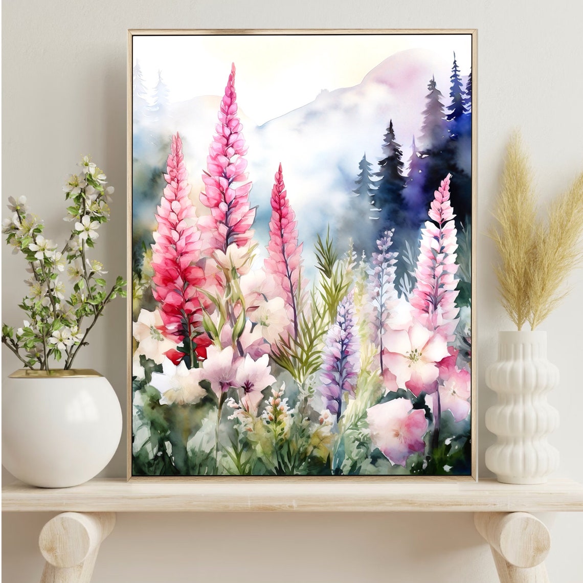 Pink Foxgloves Mountain Meadow Watercolor Wildflower Art Print - Image 3
