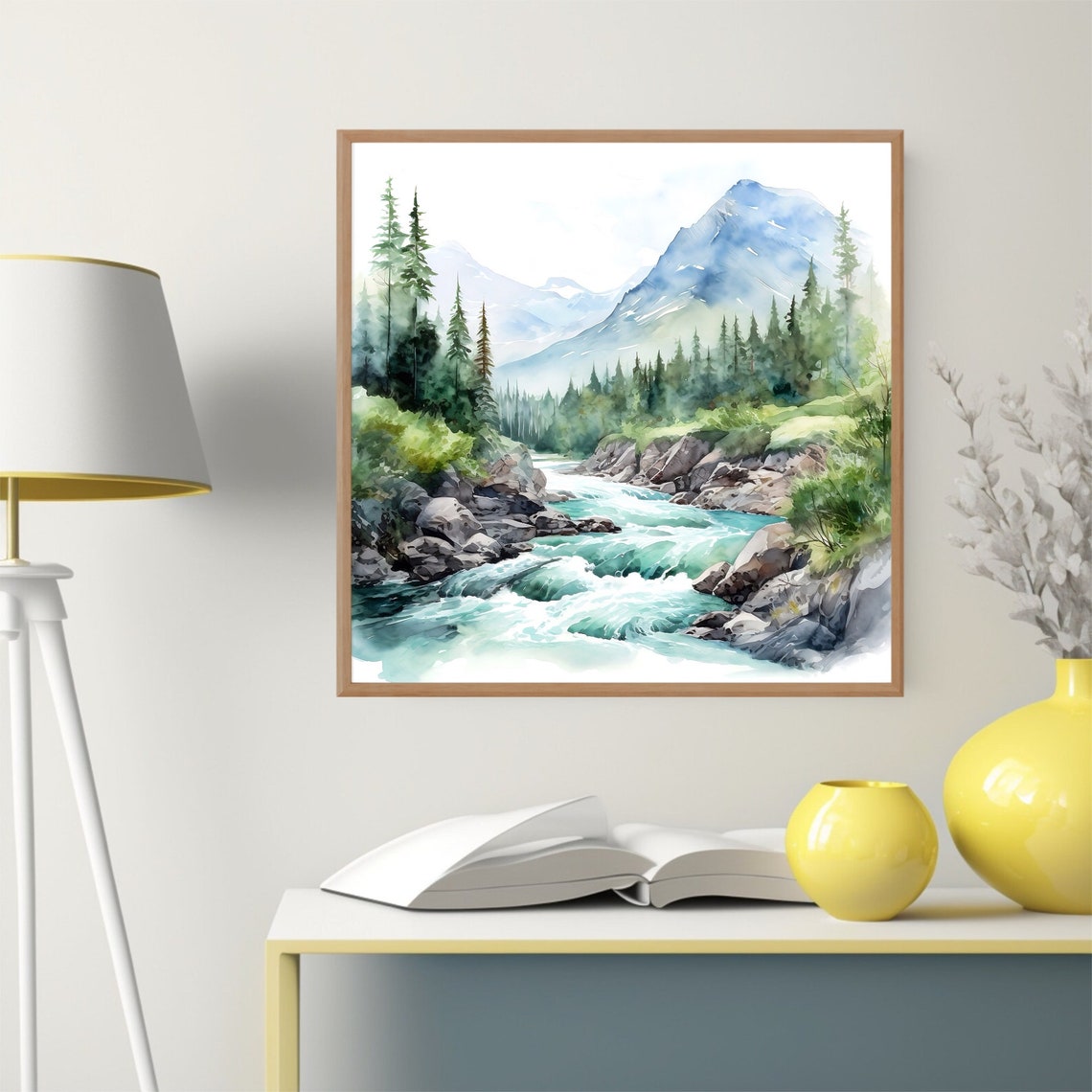 Turquoise Rapids Watercolor with Pine Forest and Blue Mountain Poster - Image 4