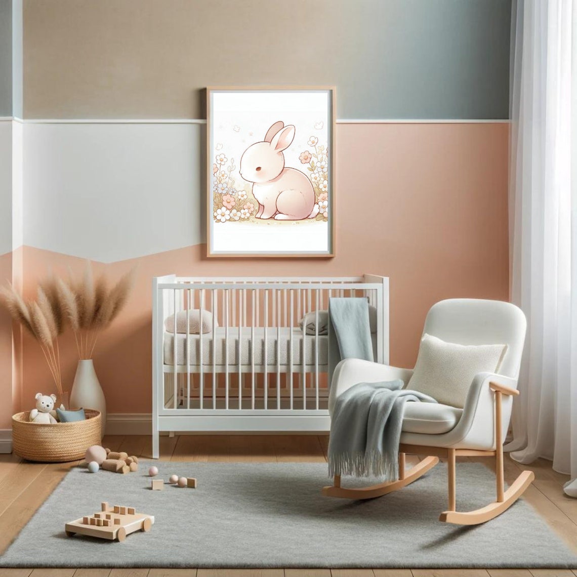 Soft Pink Bunny Wildflowers Spring Bloom Nursery Wall Poster