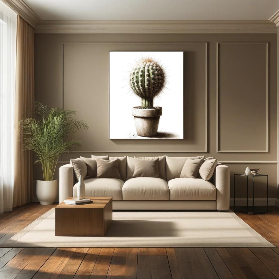 Small Barrel Cactus Stone Pot Minimalist Desert Watercolor Poster - Image 2