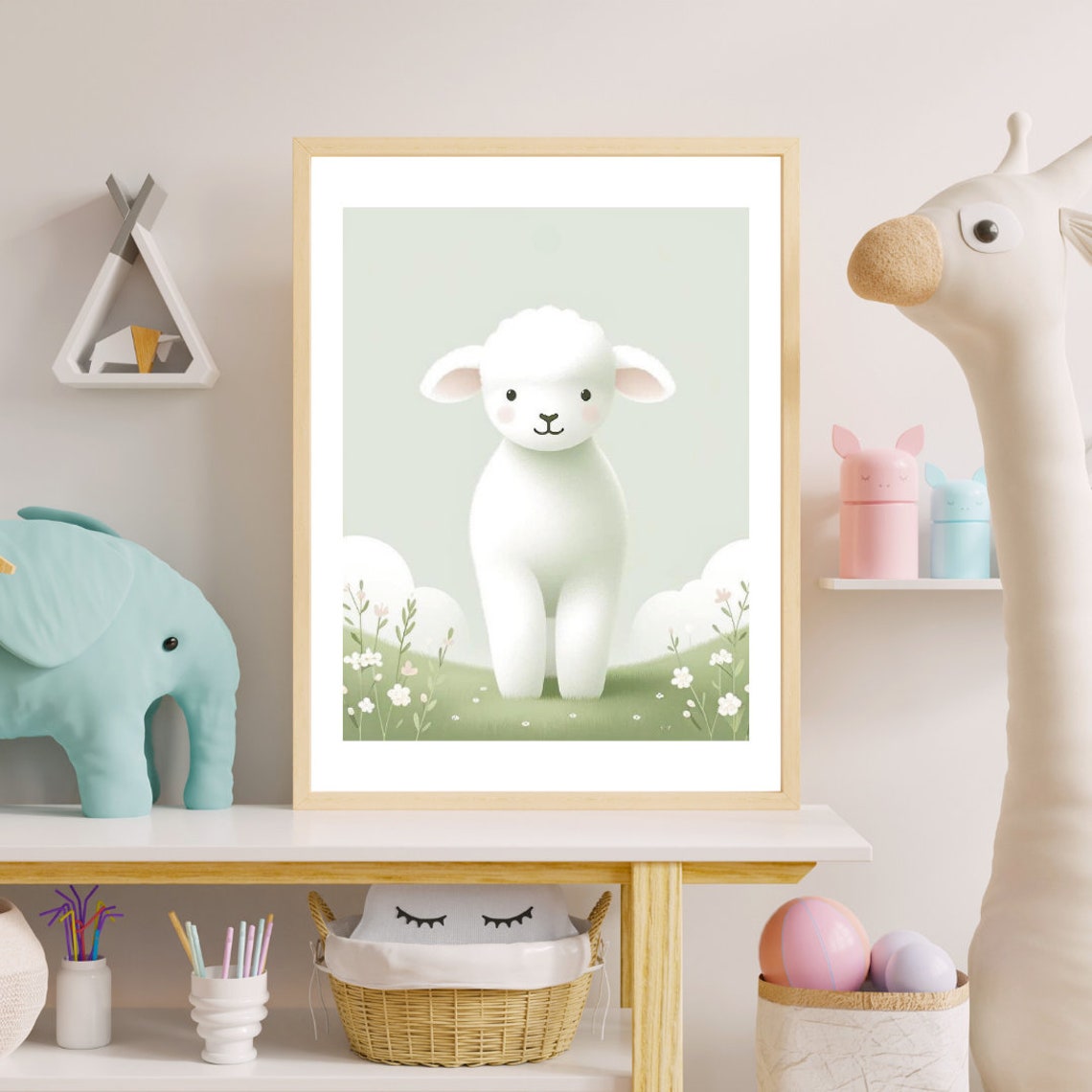 Fluffy White Lamb Flower Meadow Soft Pastel Nursery Wall Poster - Image 2