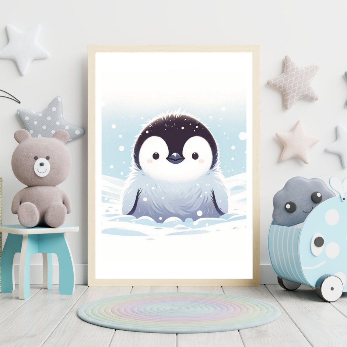 Baby Penguin Snowflakes Cute Fluffy Chick Winter Nursery Kids Print