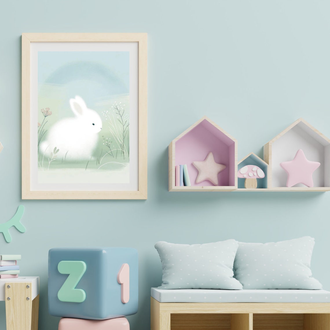 Fluffy White Bunny Meadow Soft Pastel Blue Nursery Rabbit Wall Art - Image 4