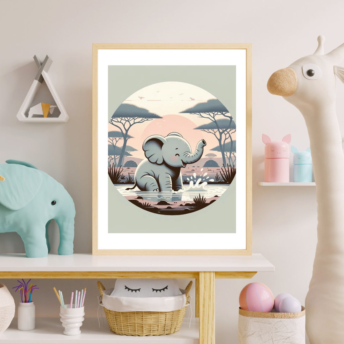 Baby Elephant Splashing Waterhole Safari Circle Acacia Nursery Print - Image 5