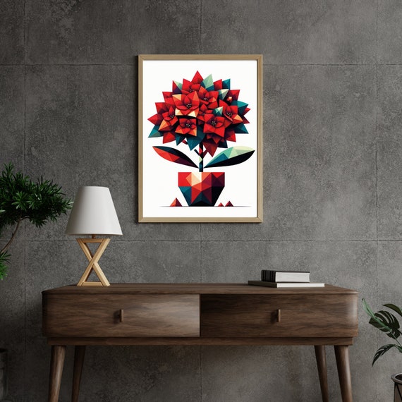 Vibrant Geometric Poinsettia Print Bold Polygonal Flower Illustration Modern Red Floral Artwork For Home Decor