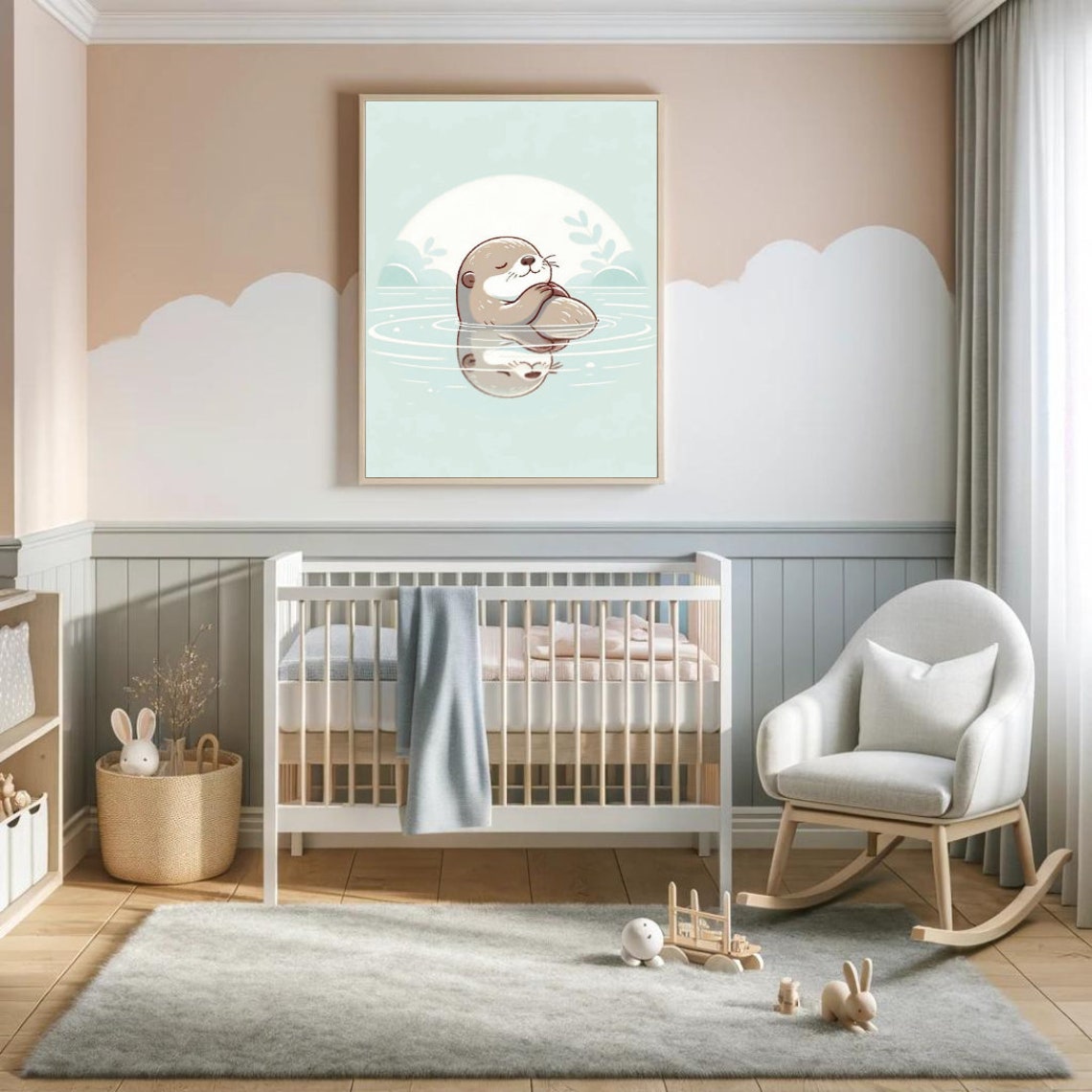 Curled Otter Resting Water Reflection Mint Nursery Wall Poster - Image 2