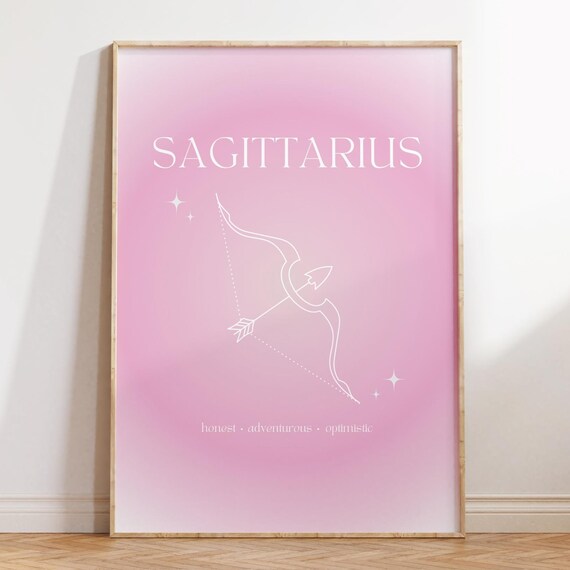 Sagittarius Zodiac Bow Arrow Pink Gradient Aura Line Art Poster