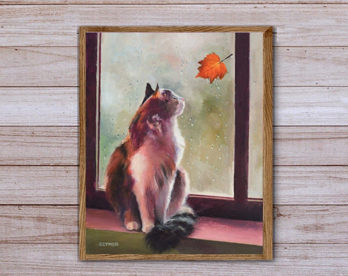 Calico Cat Watching a Falling Orange Leaf in the Rain Poster - Image 4