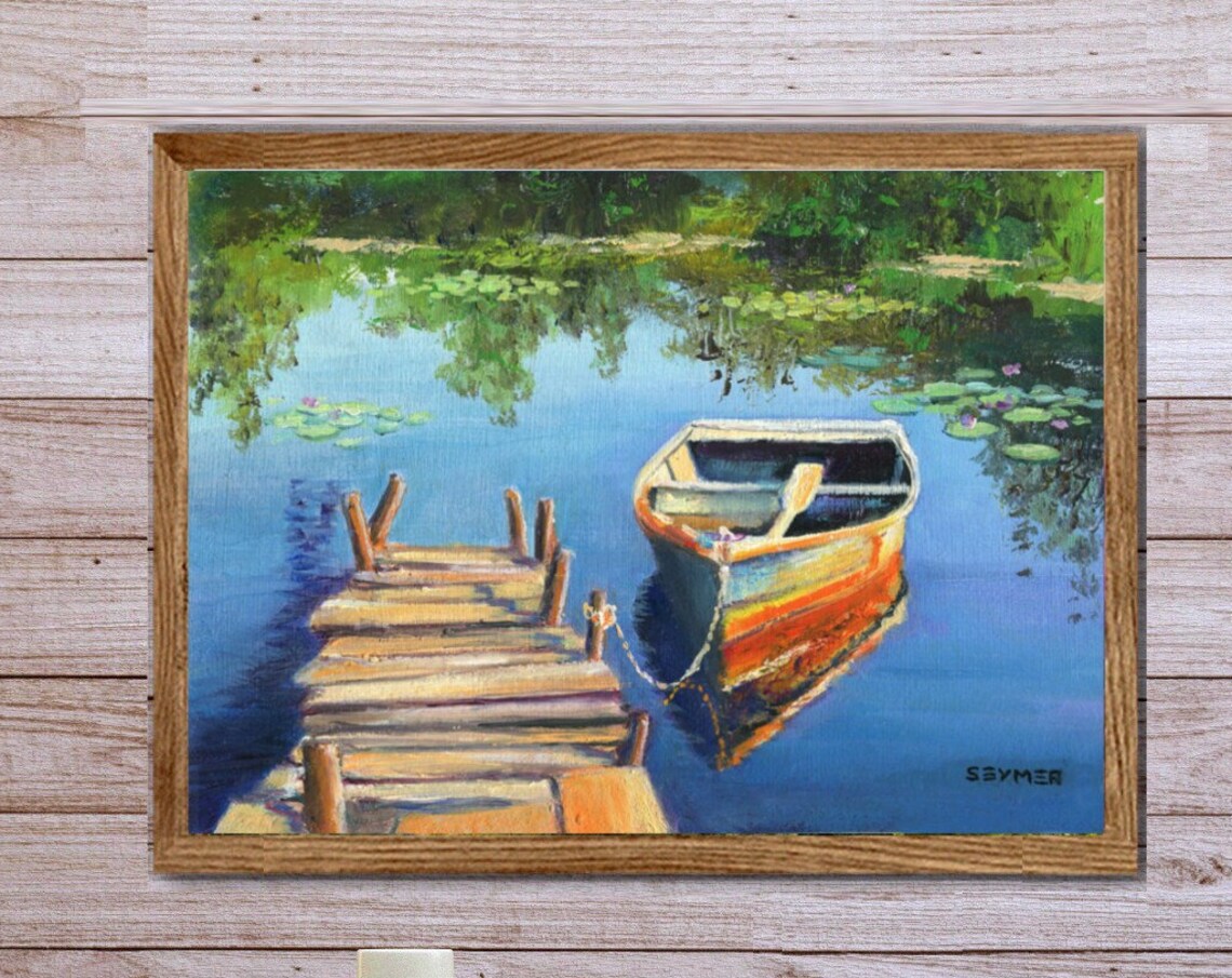 Wooden Dock And Boat On Lake Landscape Oil Painting With Lilies Poster - Image 6