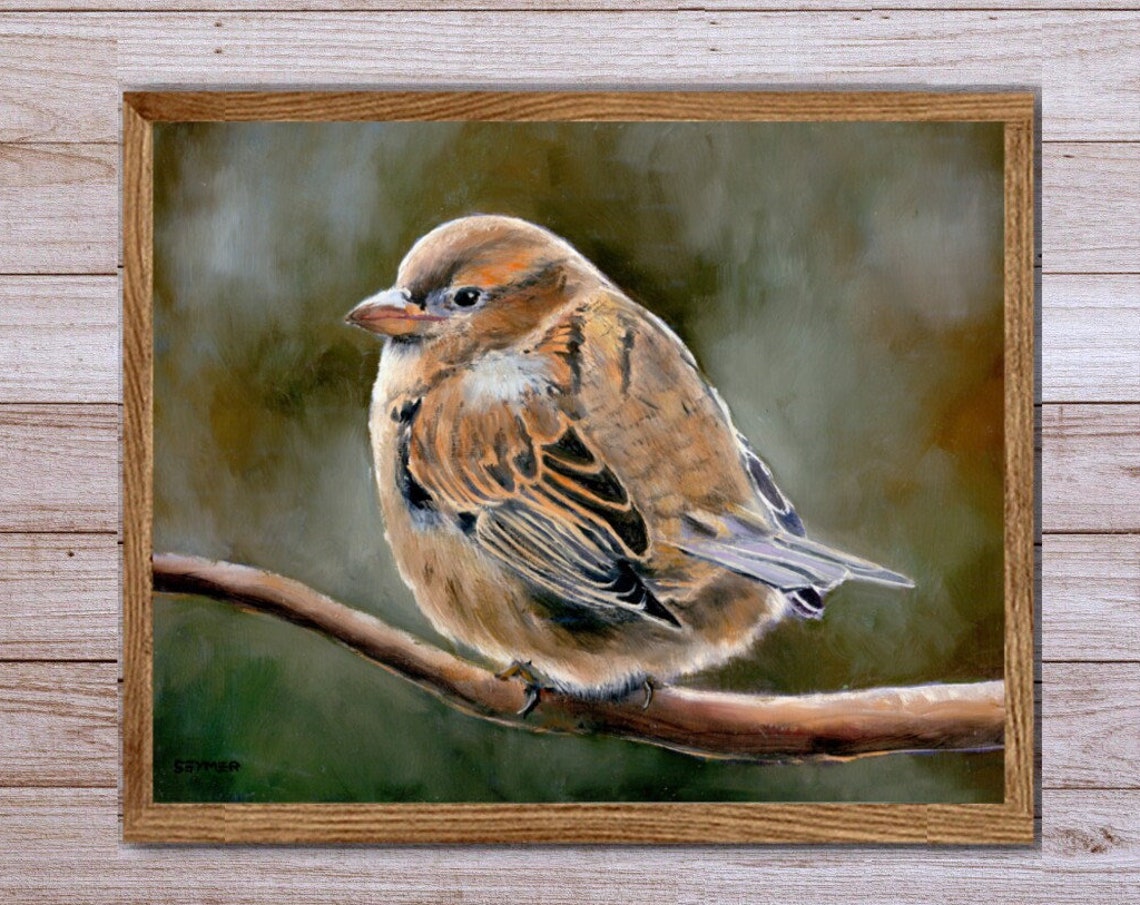 Brown Sparrow On Branch Realistic Bird Oil Painting Wildlife Poster - Image 4