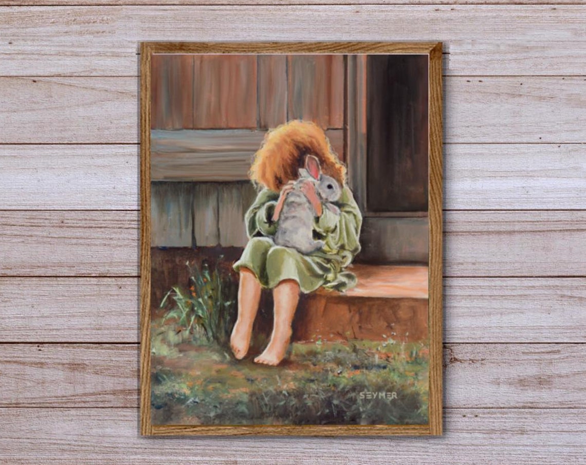 Little Girl Hugging a Bunny While Sitting on a Farmhouse Porch Poster - Image 6