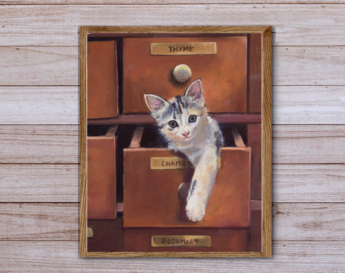 Playful Kitten in Herbalist Apothecary Drawers with Herb Labels Poster - Image 5