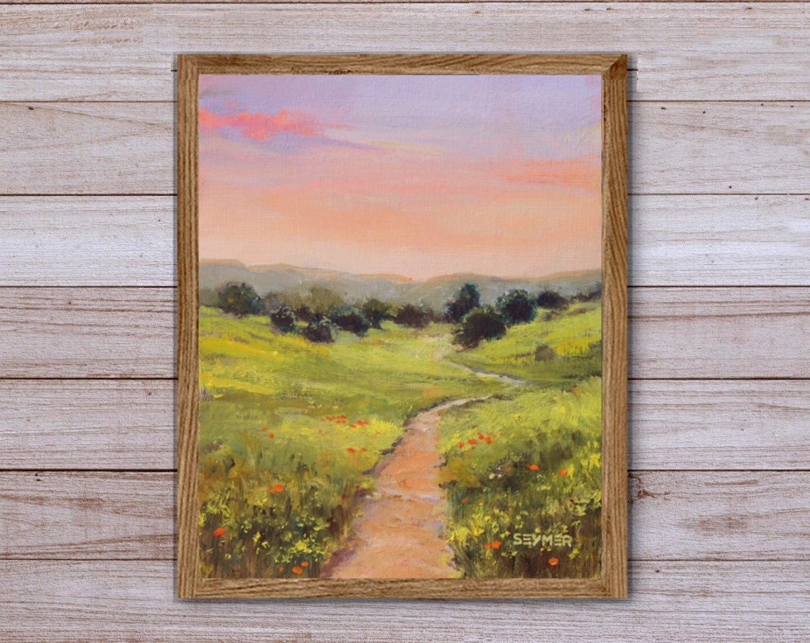 Prairie Rural Landscape Art Print Meadow Oil Painting Green Field Rural Wall Art Clouds Sunset Artwork Cabin Rustic Decor Glassland Path - Image 5