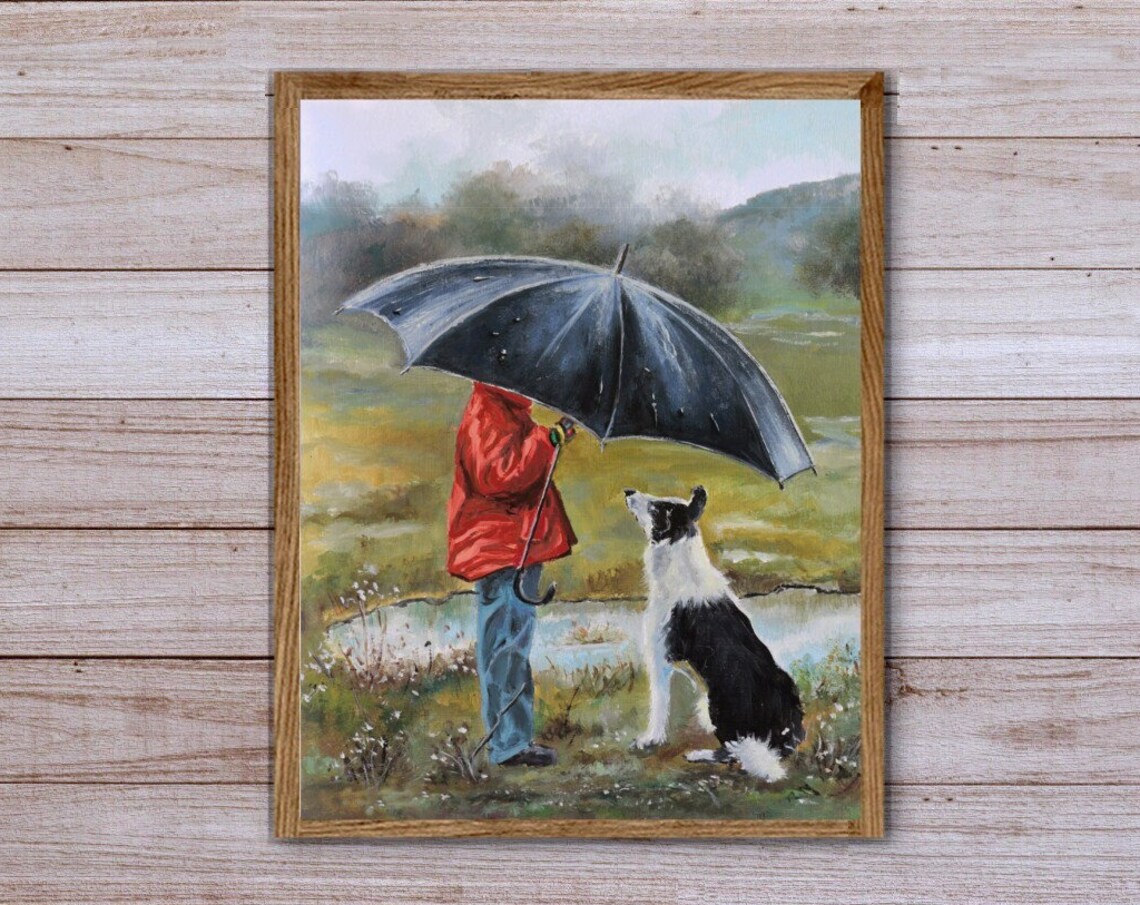 Boy Umbrella Border Collie Rainy Day Pond Field Oil Painting Poster - Image 5