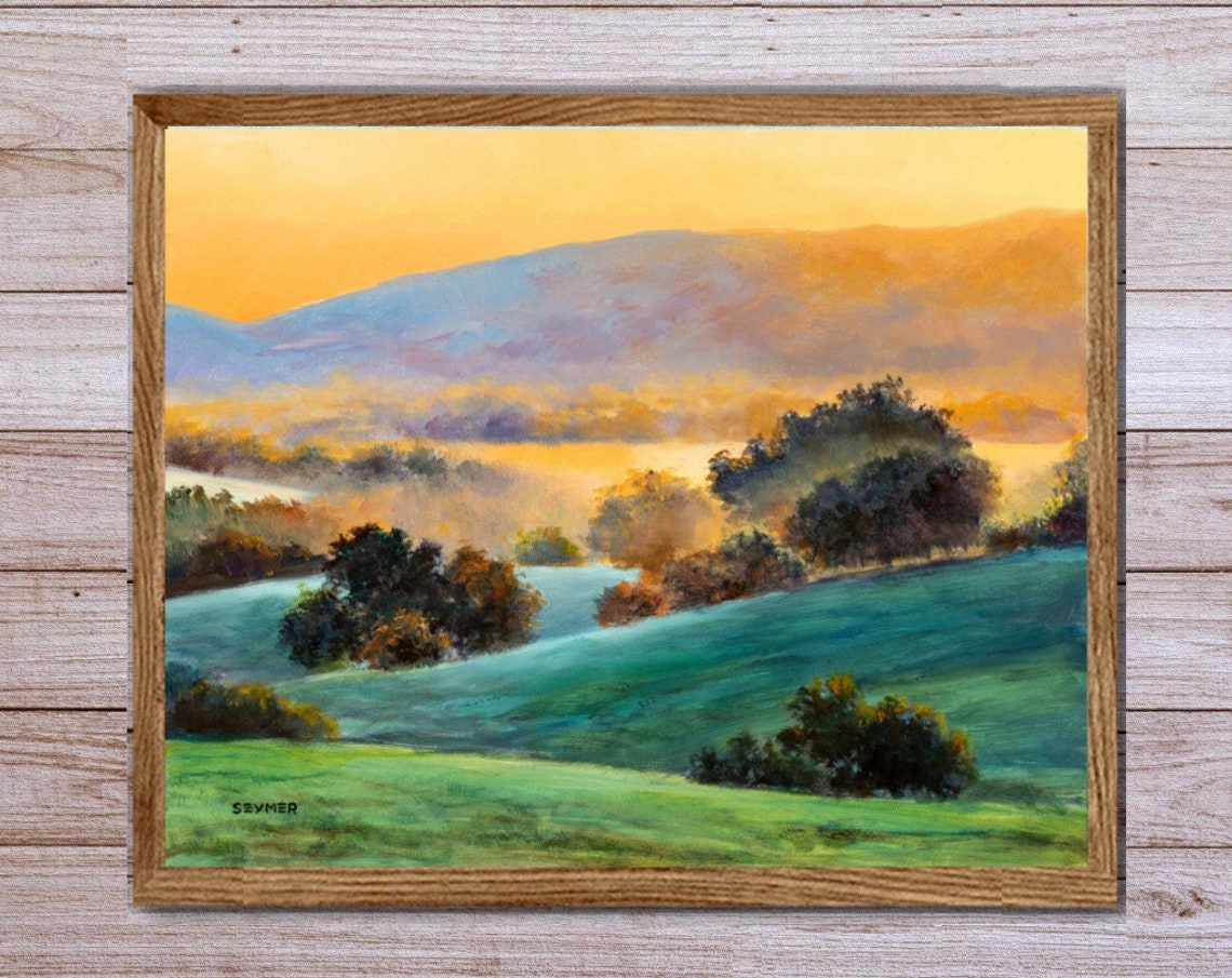 Sunrise Landscape Print Dawn Misty Light Countryside English Meadow Art Landscape Cottage Decor Cabin Wall Art Green Prairie Foggy Trees - Image 5