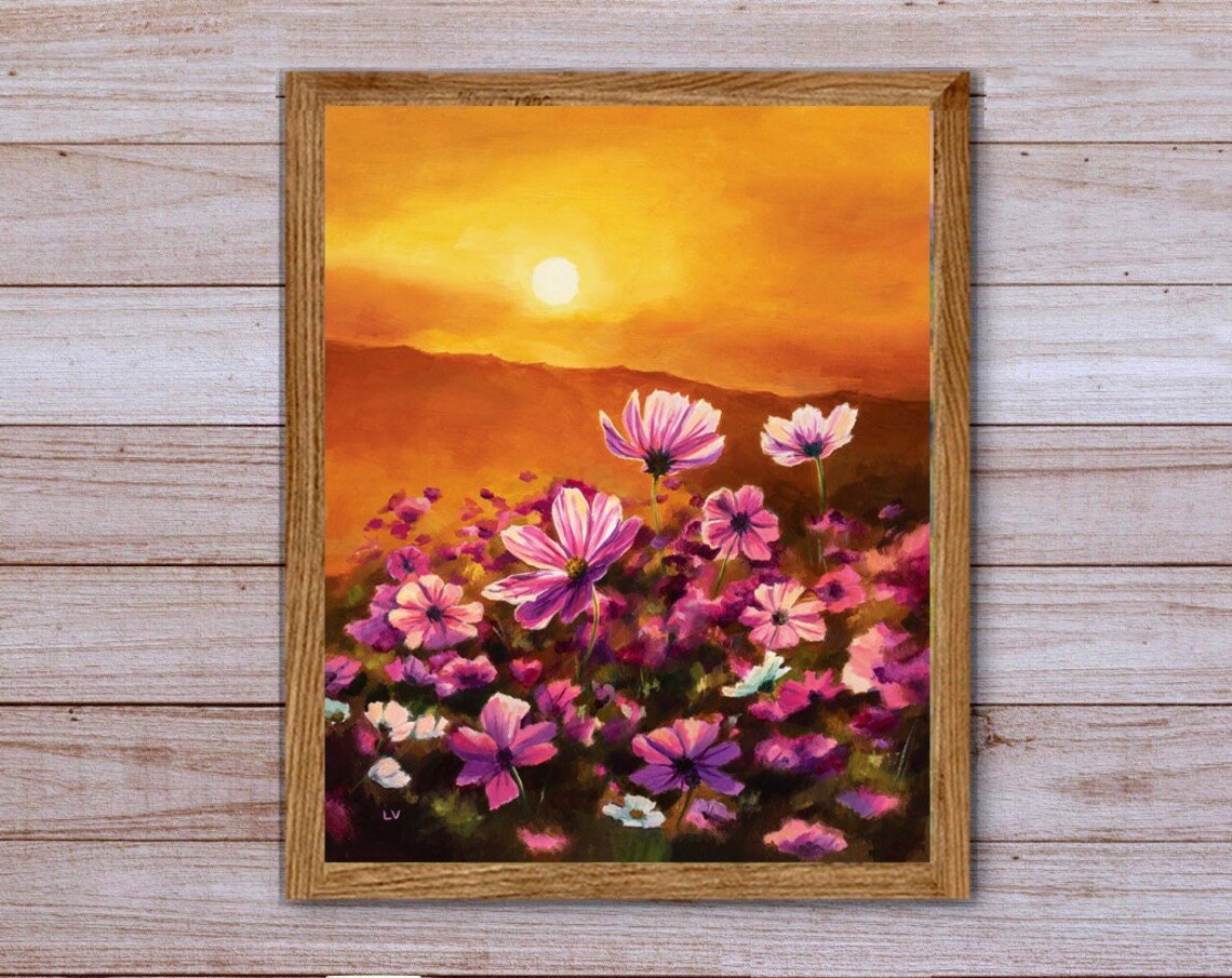 Cosmos Field Golden Sunset Pink Wildflower Meadow Oil Painting Poster - Image 4
