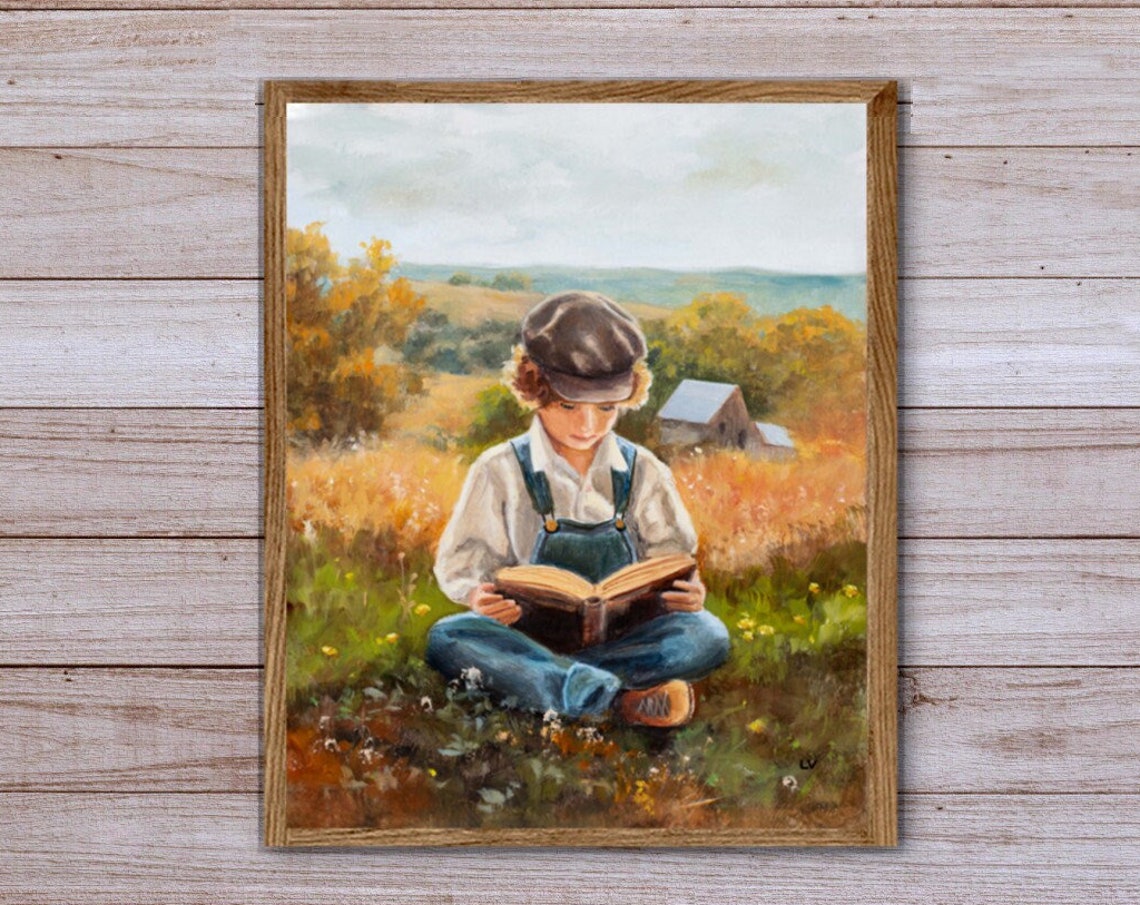 Boy Reading a Book in an Autumn Meadow with Farmhouse View Poster - Image 5