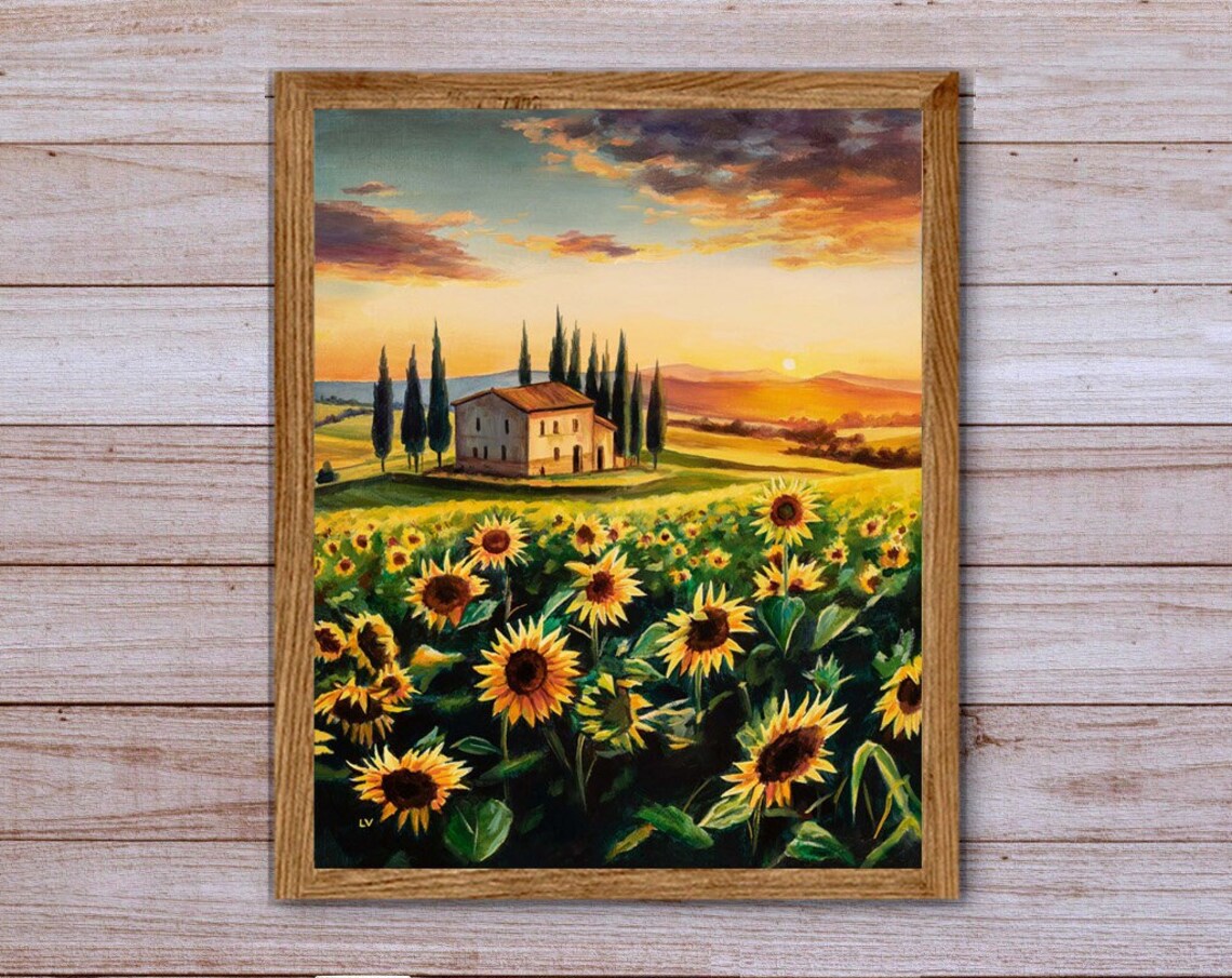 Tuscan Farmhouse at Sunset Over a Sunflower Field with Cypress Poster - Image 5