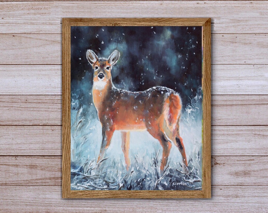 Female Deer Standing in a Snowy Winter Forest at Night Poster - Image 6