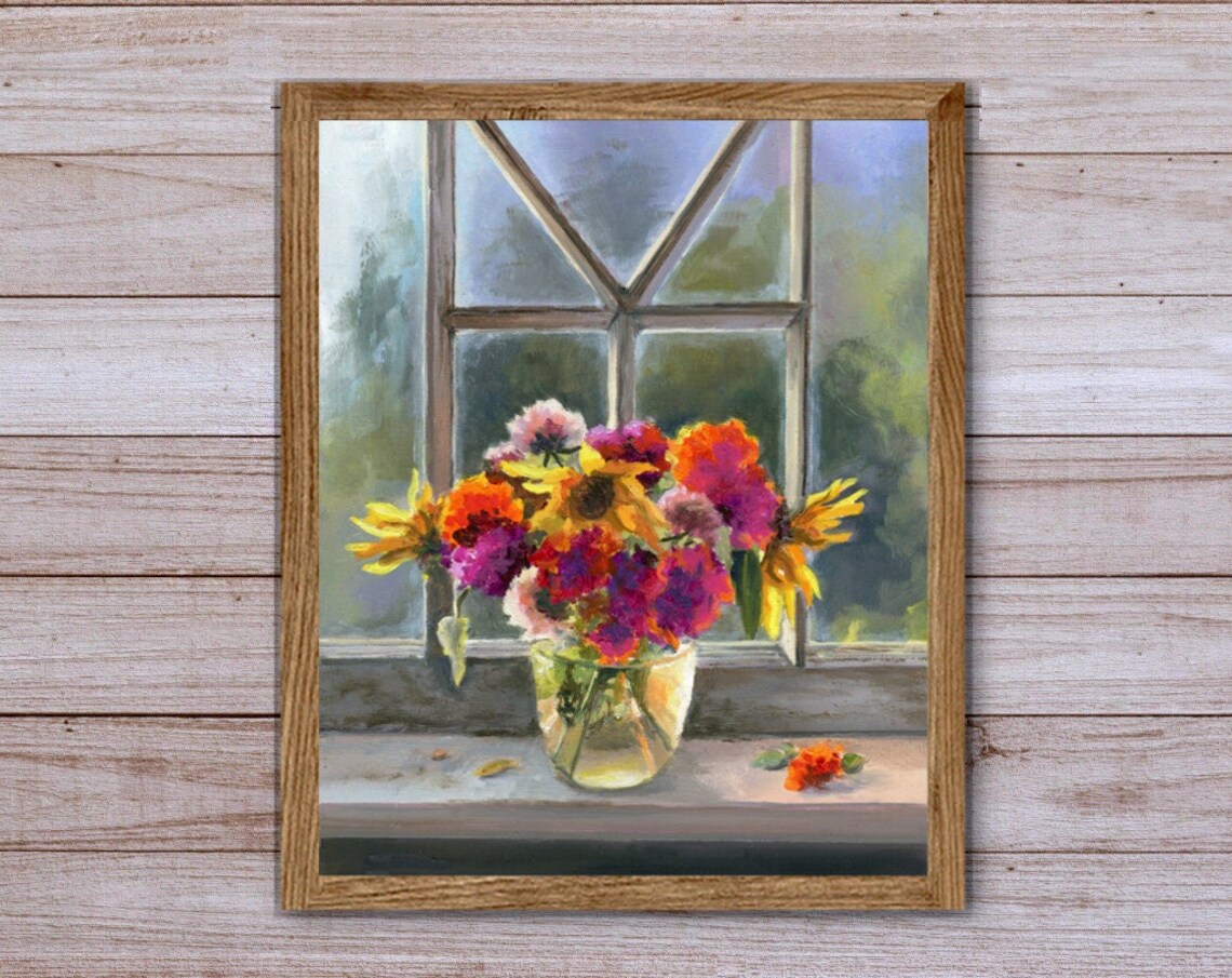 Marigold Bouquet Window Vase Colorful Still Life Oil Painting Poster - Image 5