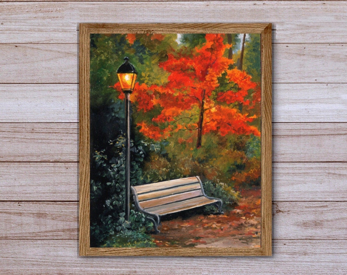 Autumn Central Park Print City Garden Landscape Painting Lamppost And Bench Fall Atmosphere Moody Cityscape Dusk Red Leaves Art Warm Decor - Image 6