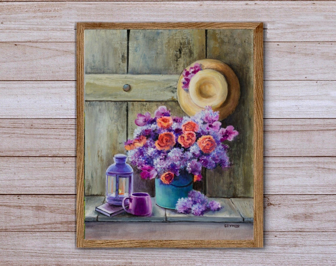 Lilac And Roses Bouquet Still Life Oil Painting With Lantern Poster - Image 3