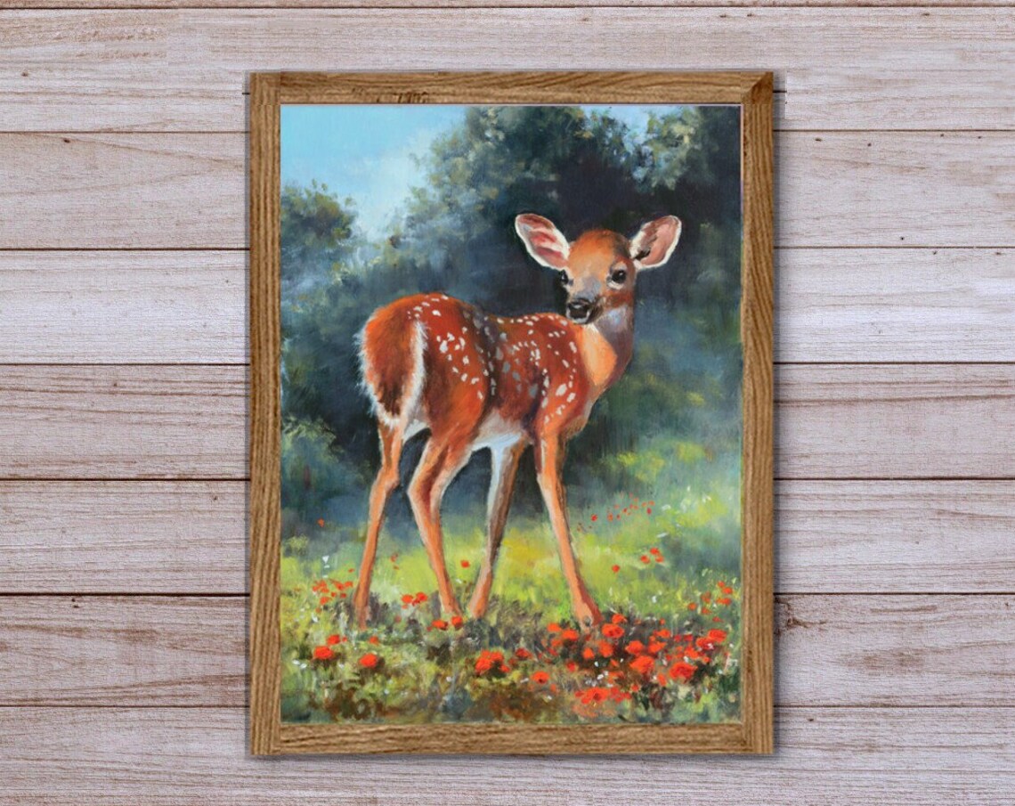 Baby Fawn Red Flowers Spring Forest Wildlife Nursery Oil Painting Poster - Image 6