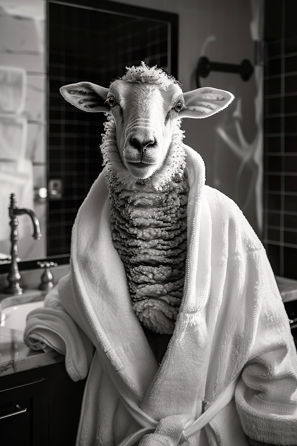 Sheep Bathrobe Funny Bathroom Black And White Cute Animal Print