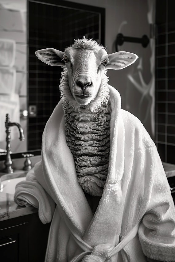Sheep In A Bathrobe Funny Bathroom Wall Art Quirky Animal Art Funny Sheep In Bath Humor Print Home Ai Wall Art Prints