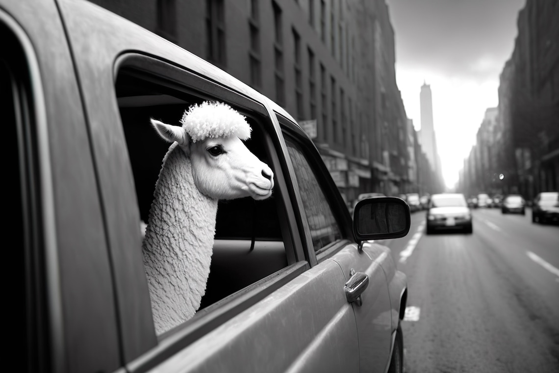 Alpaca Riding In A Car In New York City, Retro Humor Art Print