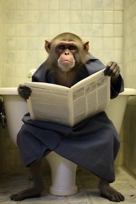 Capuchin Monkey Sitting On The Toilet Reading A Newspaper Funny Bathroom Wall Art Funny Monkey Print Animal Photo Ai Art
