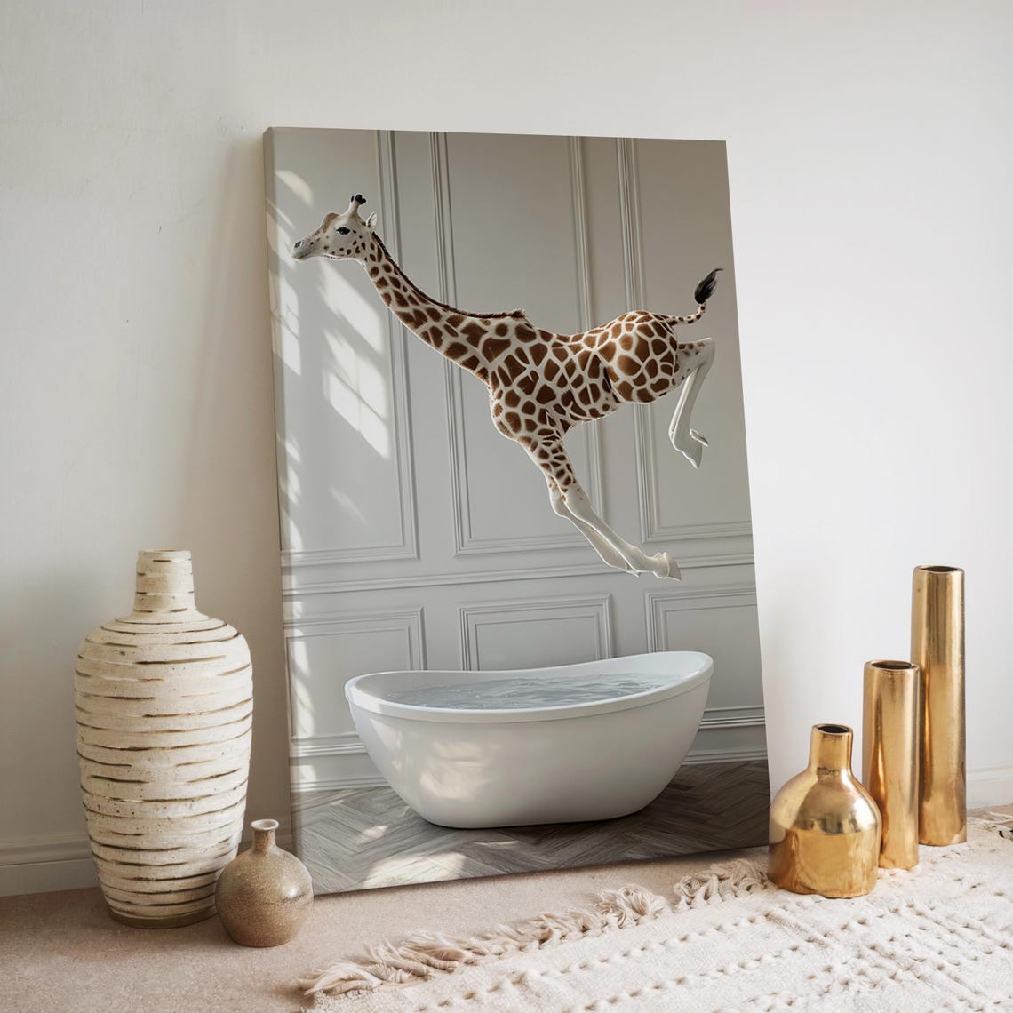 Giraffe Jumping Into Bathtub Funny Bathroom Wall Art Decor Animals Taking A Bath Vintage Style Retro Giraffe Print Ai Art - Image 3