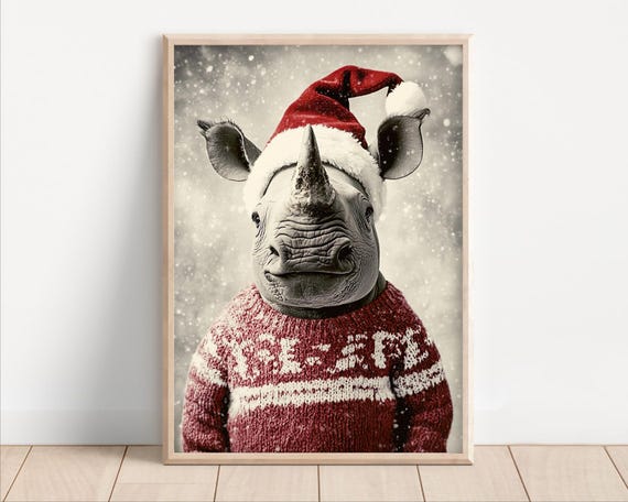 Cute Christmas Rhino Funny Christmas Wall Art Retro Winter Animals Christmas Home Decor Funny Rhino Photo Print Ai Art