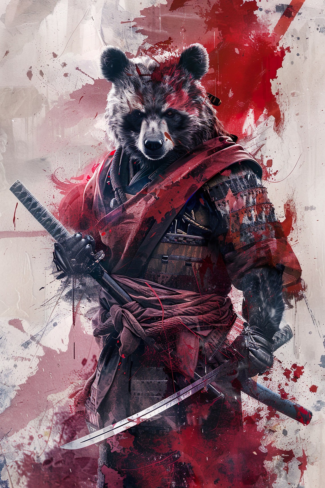 Samurai Bear Warrior Katana Red Splash Japanese Ink Art Poster