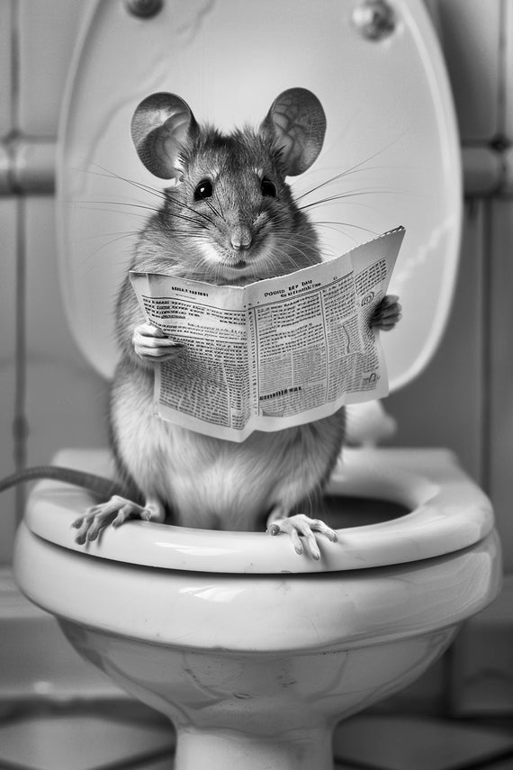 Mouse Sitting On The Toilet Reading A Newspaper Funny Bathroom Wall Art Funny Vintage Style Animal Photo Animal Print Ai Art