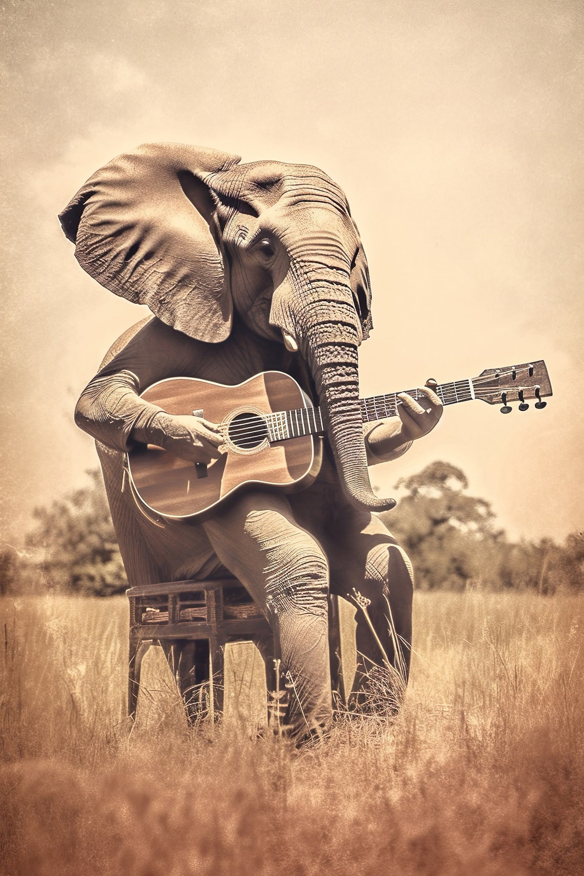 Elephant Playing Guitar Safari Field Vintage Sepia Animal Poster