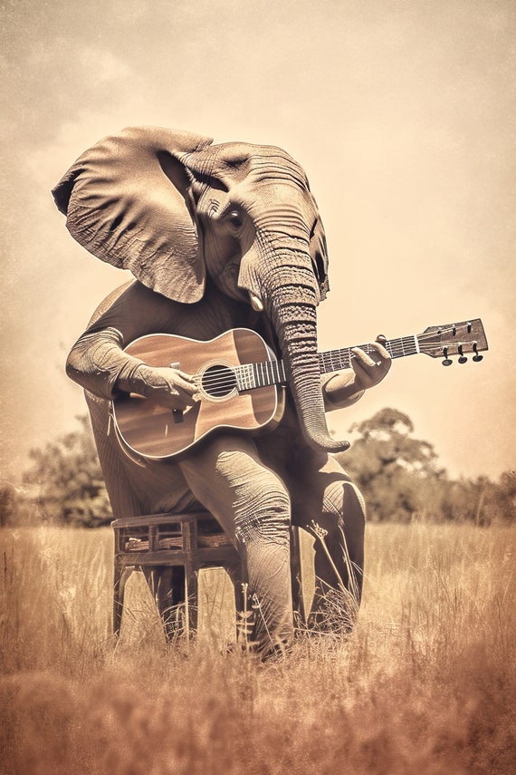 Elephant Playing Guitar Funny Vintage Animal Print Elephant Photograph Elephant Humor Retro Wall Art Home Decor Ai Art