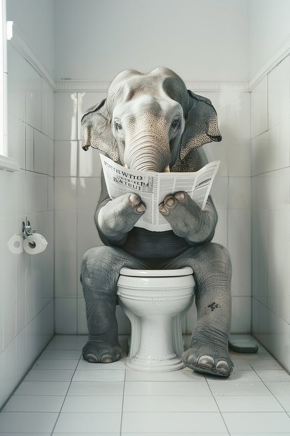 Elephant Sitting On The Toilet Reading A Newspaper Funny Bathroom Humor Wall Decor Funny Animal Print Home Ai Prints