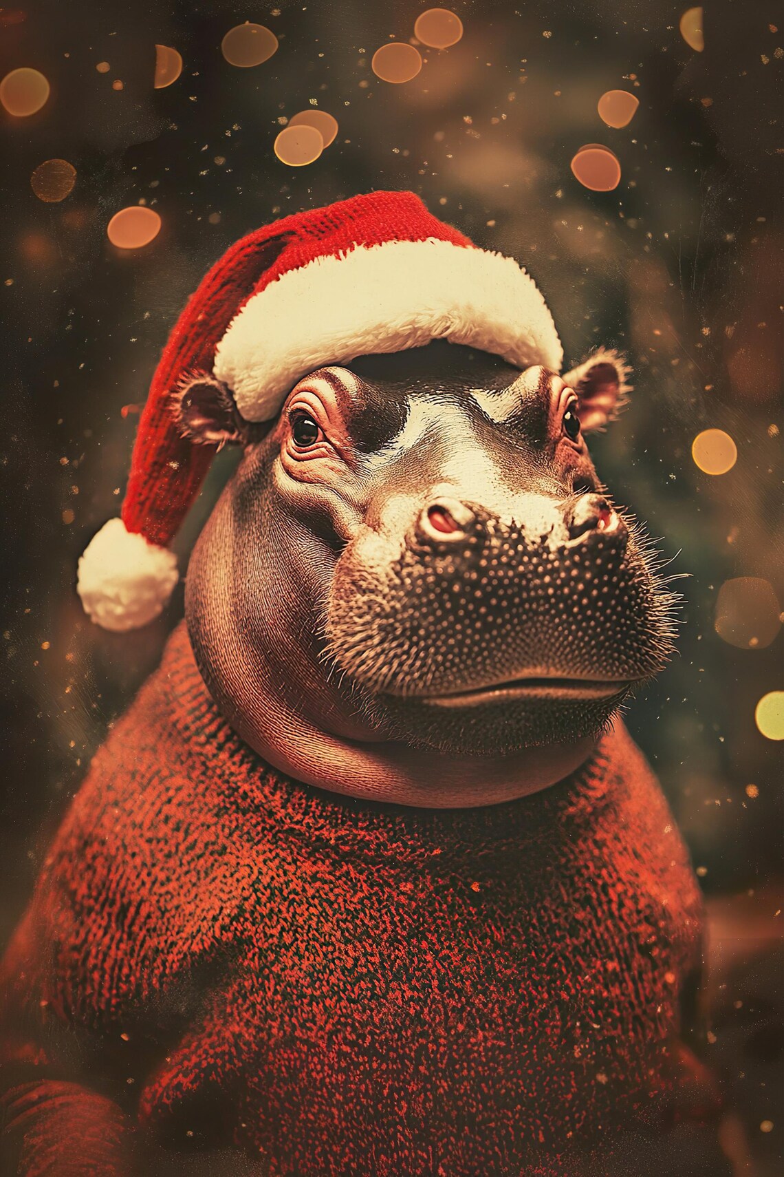 Baby Hippo in Santa Hat and Red Sweater Cute Christmas Winter Animal Poster - Image 2
