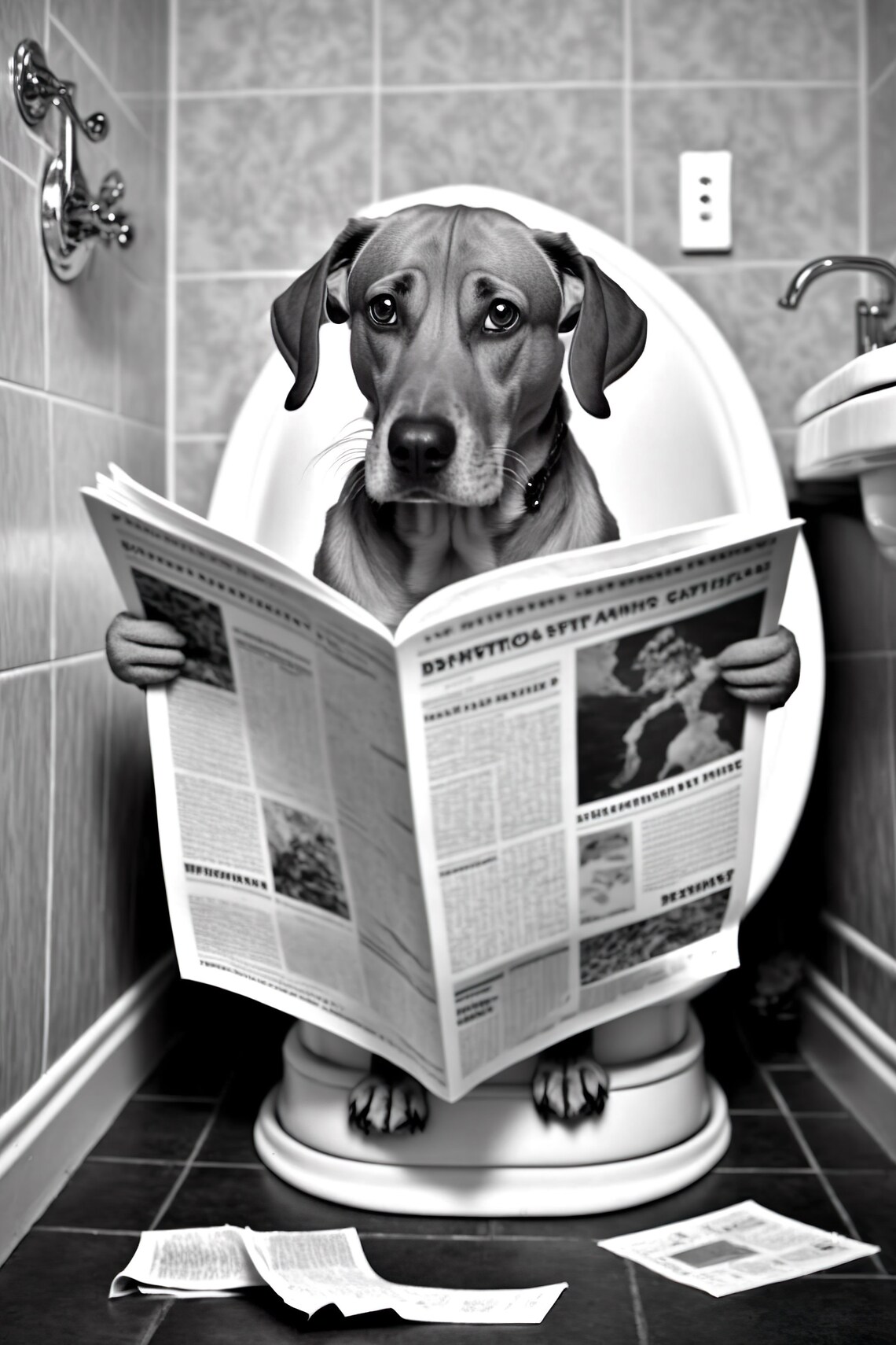 Dog Reading Newspaper Bathroom Art Print