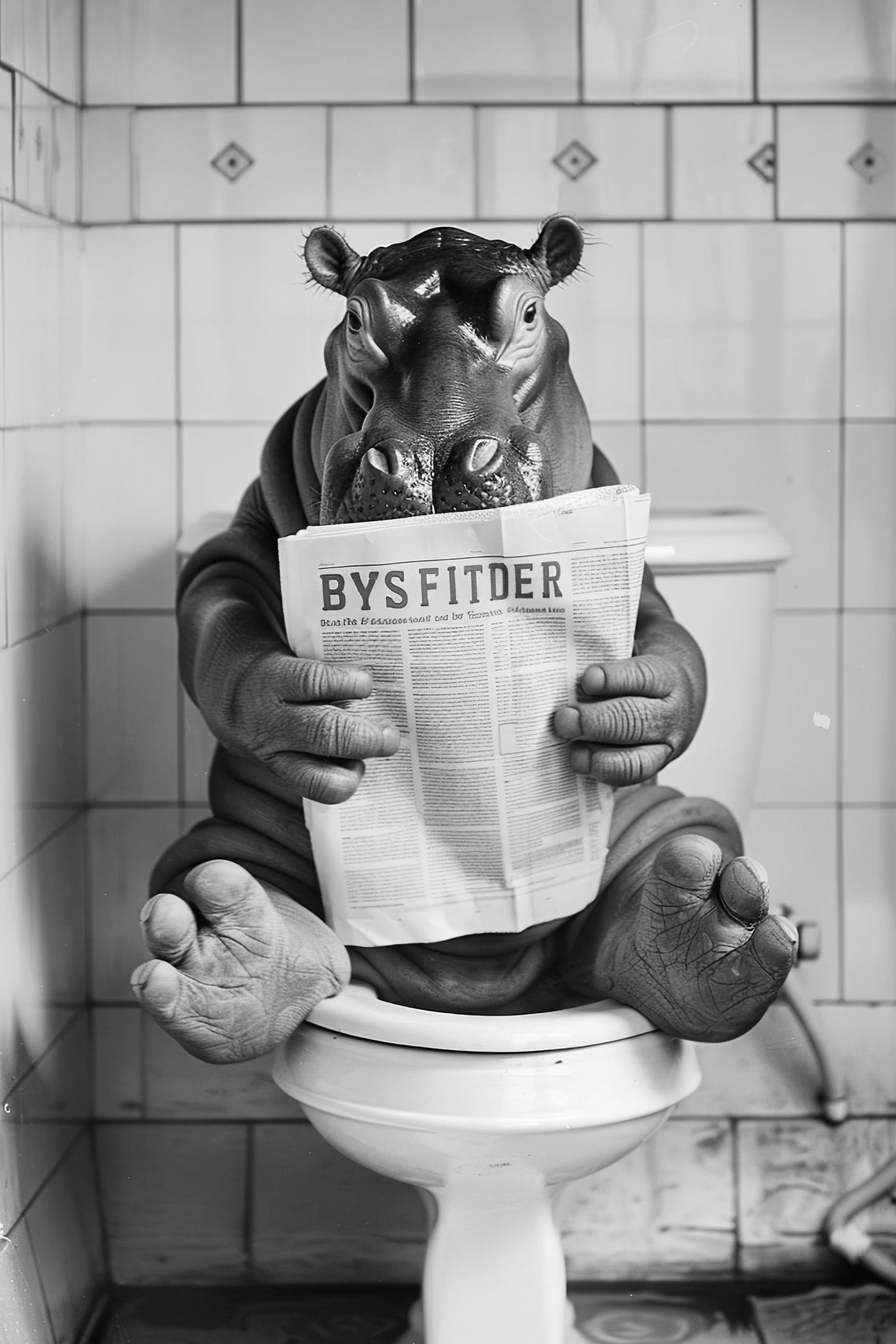 Hippo on Toilet Reading Newspaper Funny Black White Bathroom Poster