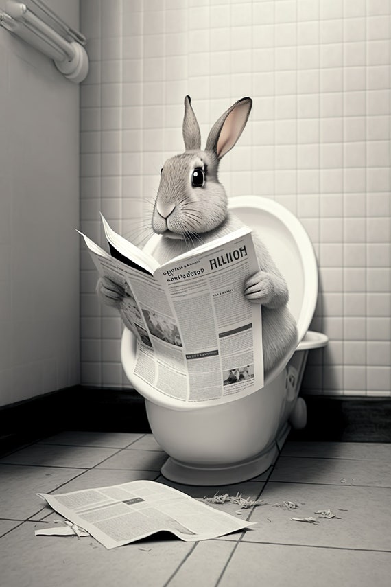 Rabbit Sitting On The Toilet Reading A Newspaper Funny Bathroom Humor Wall Decor Funny Animal Print Bunny Ai Prints