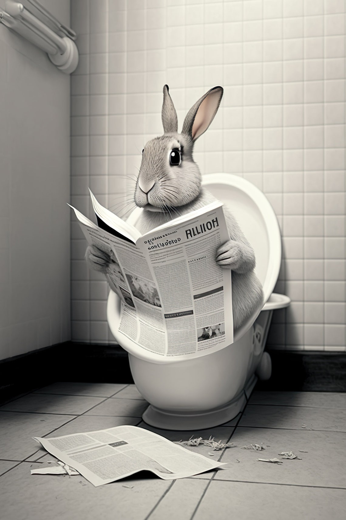 Rabbit Reading Newspaper on Toilet Funny Black and White Poster